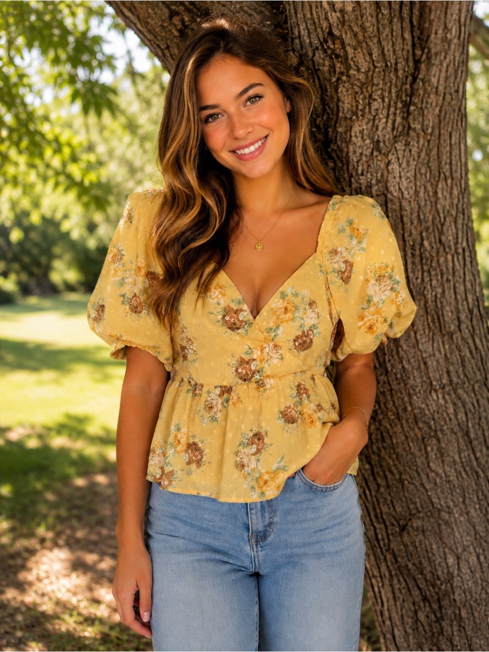 Promesa Yellow Floral Puff-Sleeve Peplum Blouse